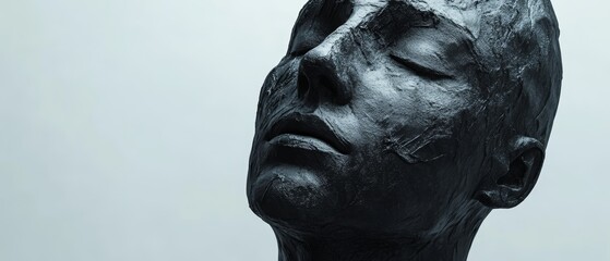 A black sculpture of a face with a sad expression