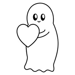 Cartoon ghost holding a heart line art vector illustration