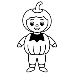 Child dressed as a pumpkin for halloween line art vector illustration