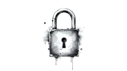 black and white ink splash illustration of a metal padlock with keyhole, artistic and vintage mysterious concept 