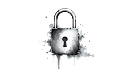 black and white ink splash illustration of a metal padlock with keyhole, artistic and vintage mysterious concept 