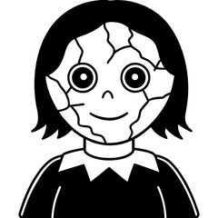 Creepy doll with a cracked face line art vector illustration