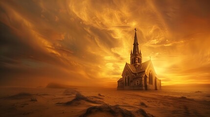 Obraz premium Beautiful Church Silhouette at Sunset: A Scenic Display of Spiritual Architecture and Idyllic Skies