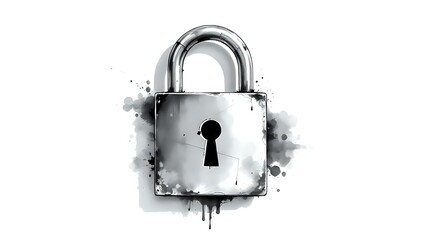 black and white ink splash illustration of a metal padlock with keyhole, artistic and vintage mysterious concept 