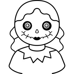 Creepy doll with a cracked face line art vector illustration