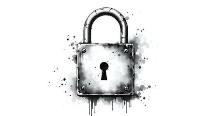 black and white ink splash illustration of a metal padlock with keyhole, artistic and vintage mysterious concept 