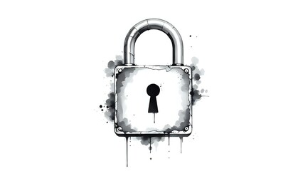 black and white ink splash illustration of a metal padlock with keyhole, artistic and vintage mysterious concept 