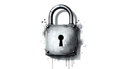 black and white ink splash illustration of a metal padlock with keyhole, artistic and vintage mysterious concept 