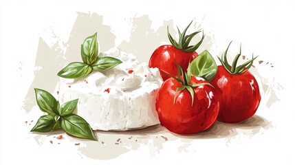 Ricotta cheese with tomato and basil. Soft white cheese. Organic farm food. Design element, cartoon flat illustration for logo, poster, menu. Isolated on white background.