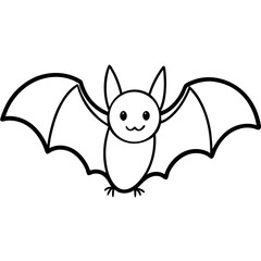 Cute bat flying with tiny fangs line art vector illustration