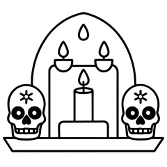 Day of the dead altar with candles and skulls line art vector illustration