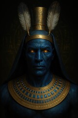 Mystical Close-up Portrait of Amon, the Egyptian God of the Hidden and the Sky. A hyper-realistic close-up of Amon, the supreme god of ancient Egypt, with deep blue skin and glowing golden eyes. 