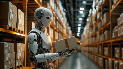 Bright warehouse with humanoid robot holding package, highlighting advancements in logistics automation