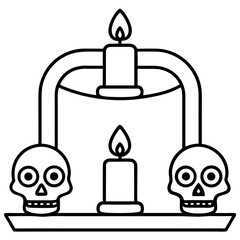 Day of the dead altar with candles and skulls line art vector illustration