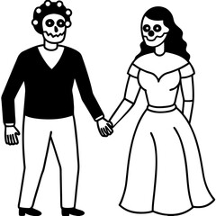 Day of the dead couple holding hands line art vector illustration