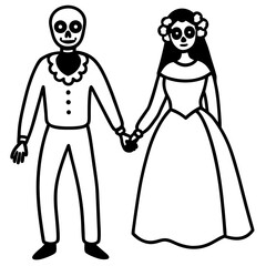 Day of the dead couple holding hands line art vector illustration