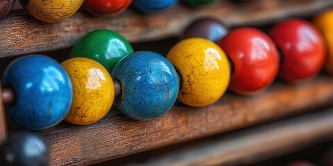 Colorful wooden beads on a traditional abacus used for counting and calculations.