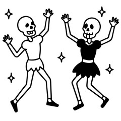 Festive skeletons dancing in bright costumes line art vector illustration