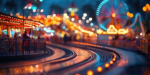Vibrant amusement park at night with blurred lights and a Ferris wheel in the background.