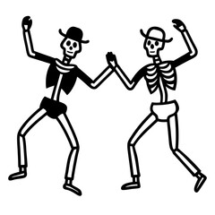 Festive skeletons dancing in bright costumes line art vector illustration
