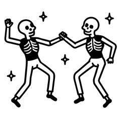 Festive skeletons dancing in bright costumes line art vector illustration