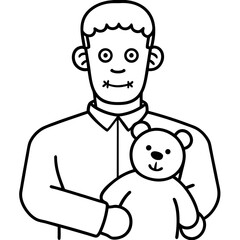 Frankenstein's monster holding a teddy bear line art vector illustration 