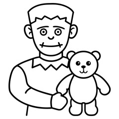 Frankenstein's monster holding a teddy bear line art vector illustration 