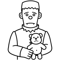 Frankenstein's monster holding a teddy bear line art vector illustration 