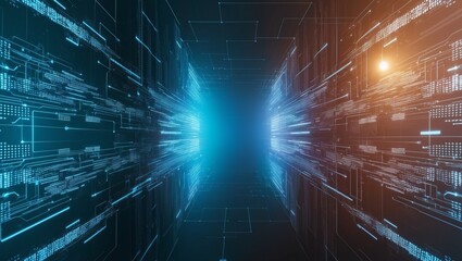 A fractal grid of light and data forms a virtual reality backdrop, a mathematical representation of cyberspace motion