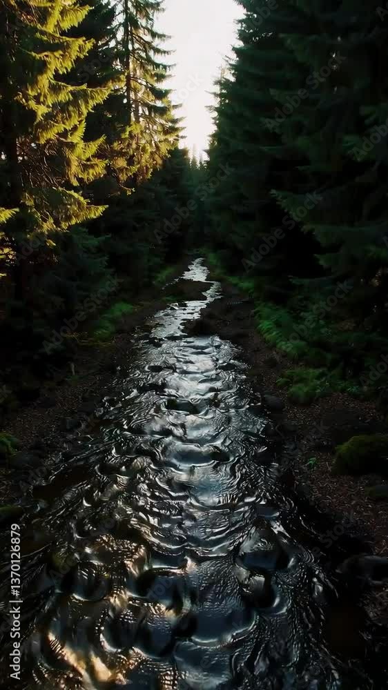 Aufkleber serene forest stream with sunlight emerging through evergreen trees in tranquil setting