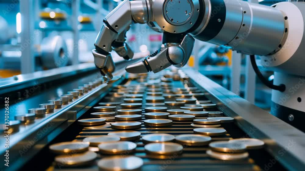 Poster a robotic arm is efficiently sorting and handling various coins on a conveyor belt in a contemporary