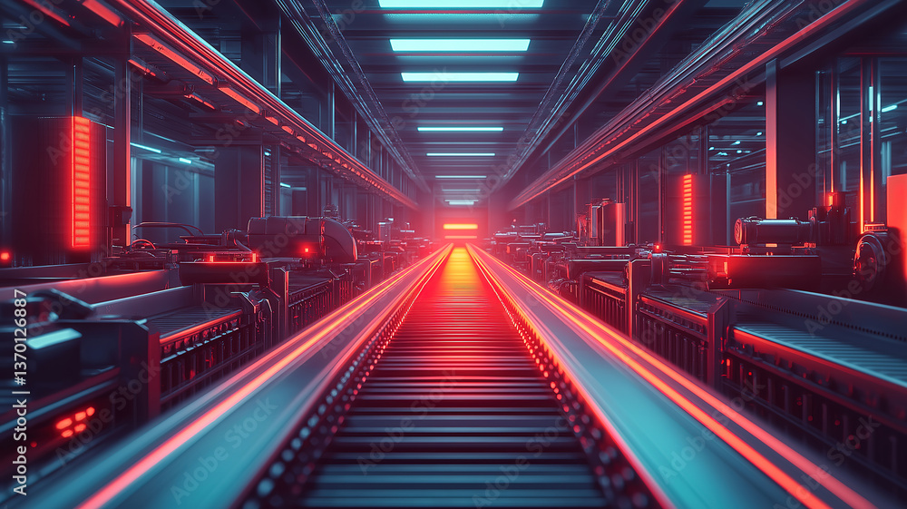 Poster modern warehouse featuring conveyor belt and robotic machinery in advanced automation setup
