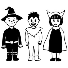 Group of kids in different halloween costumes vector illustration 