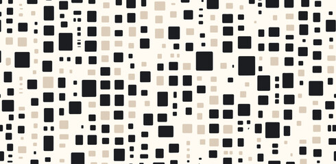 Abstract seamless pattern with small squares in beige and black colors, simple geometric shapes, flat design, white background, vector illustration, modern minimalist style