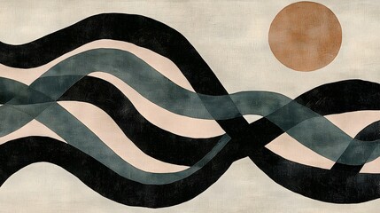 Abstract Geometric Waves in Earthy Tones with a Circular Sun Element in a Textured Background