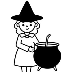 Little witch stirring a cauldron line art vector illustration 