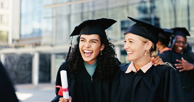 Women, graduation and students with celebration, education and smile with scholarship. Men, friends and people with certificate, knowledge or college with achievement, success or support with diploma - Powered by Adobe