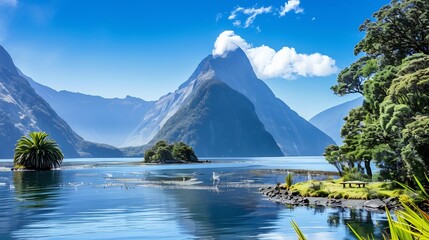 A serene mountain lake nestled between snow-capped peaks, where the water is perfectly still, reflecting the towering mountains and the vibrant blue sky, with a sense of absolute calm in the air 
