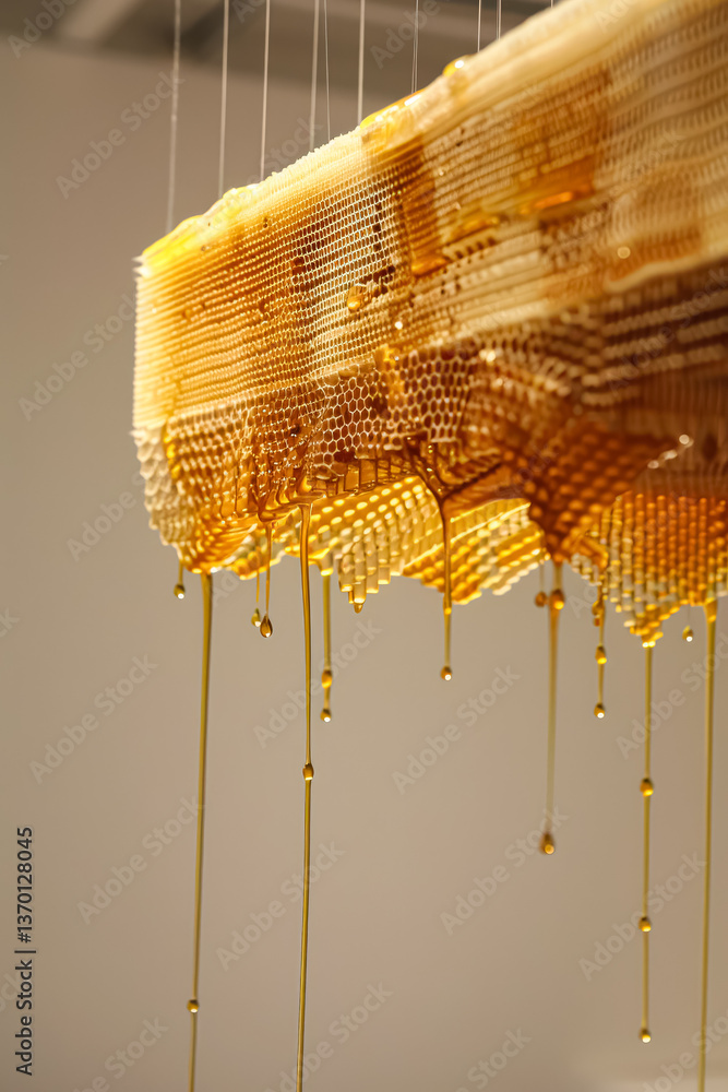 Poster honeycomb shaped light fixture with honey dripping from it. the light fixture is hanging from the ce