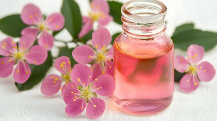 Glass Bottle of Pink Essential Oil Surrounded by Fresh Pink Flowers on a White Background