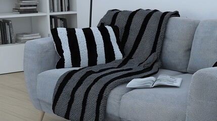 Cozy Modern Sofa with Black and White Stripes and Textiles in a Contemporary Living Room