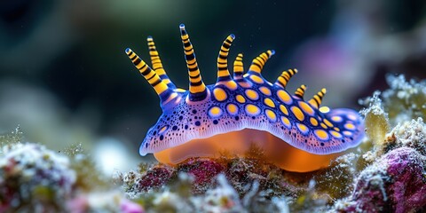 Vibrant sea slug with striking blue and orange patterns exploring a coral reef.