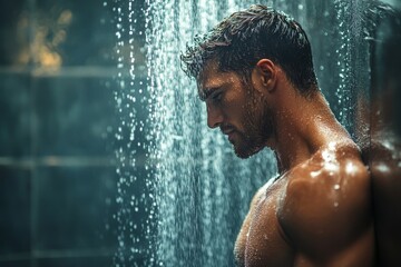 Man taking shower standing under steaming water washing body and relaxing in bathroom, leaning on wall. Everyday hygiene for men concept