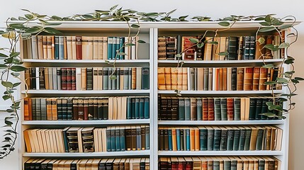 Beautifully Arranged Bookshelf Adorned with Green Plants and Vines