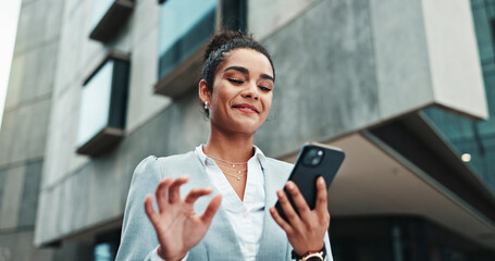 Business woman, phone and walking in city for travel with communication, internet or connection....