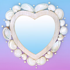 Heart shape mother of pearl sea shell and pearls wreath frame on gradient blue purple background...