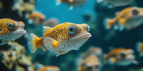 Close-up of a porcupine fish swimming gracefully in a vibrant underwater scene.