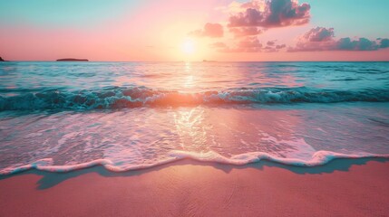  A serene ocean view at sunset, where the sky is ablaze with warm colors and the water is calm, reflecting the vibrant hues, with soft waves lapping against a sandy beach 