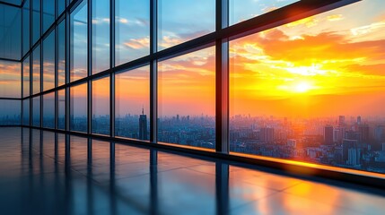 Fototapeta premium Breathtaking Cityscape at Sunset Viewed Through Modern Glass Windows