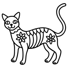 Skeleton cat with floral patterns line art vector illustration 